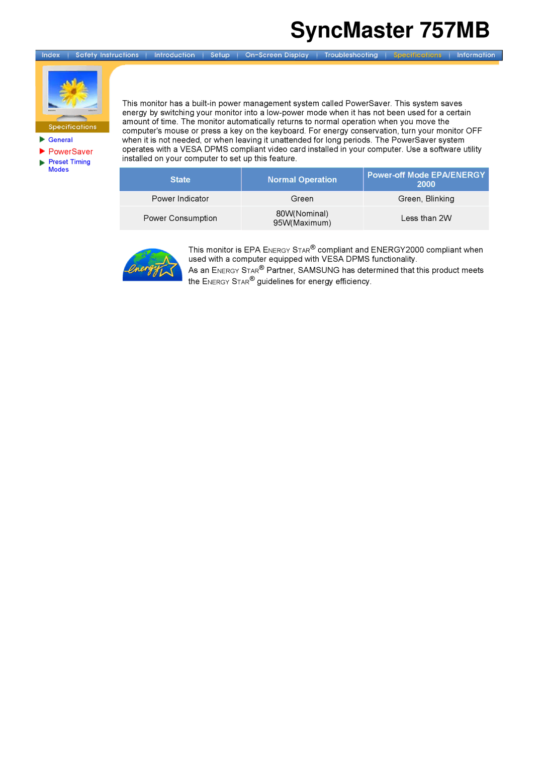 Samsung 757MB manual PowerSaver, State Normal Operation Power-off Mode EPA/ENERGY 