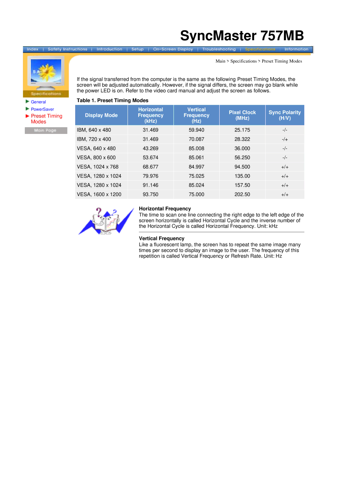 Samsung 757MB manual Preset Timing Modes, Horizontal Frequency, Vertical Frequency 