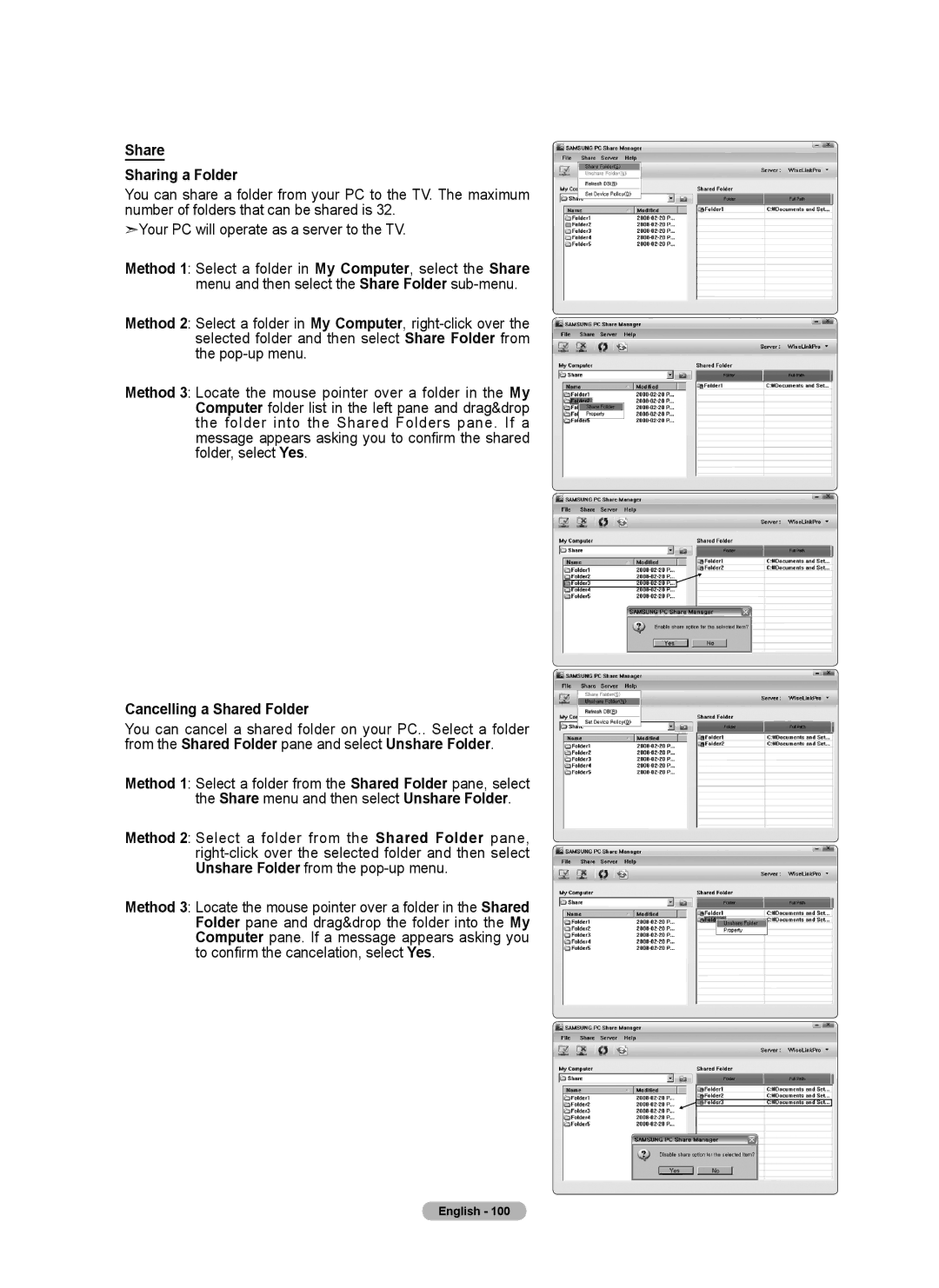 Samsung 760 Series user manual Share Sharing a Folder, Cancelling a Shared Folder 