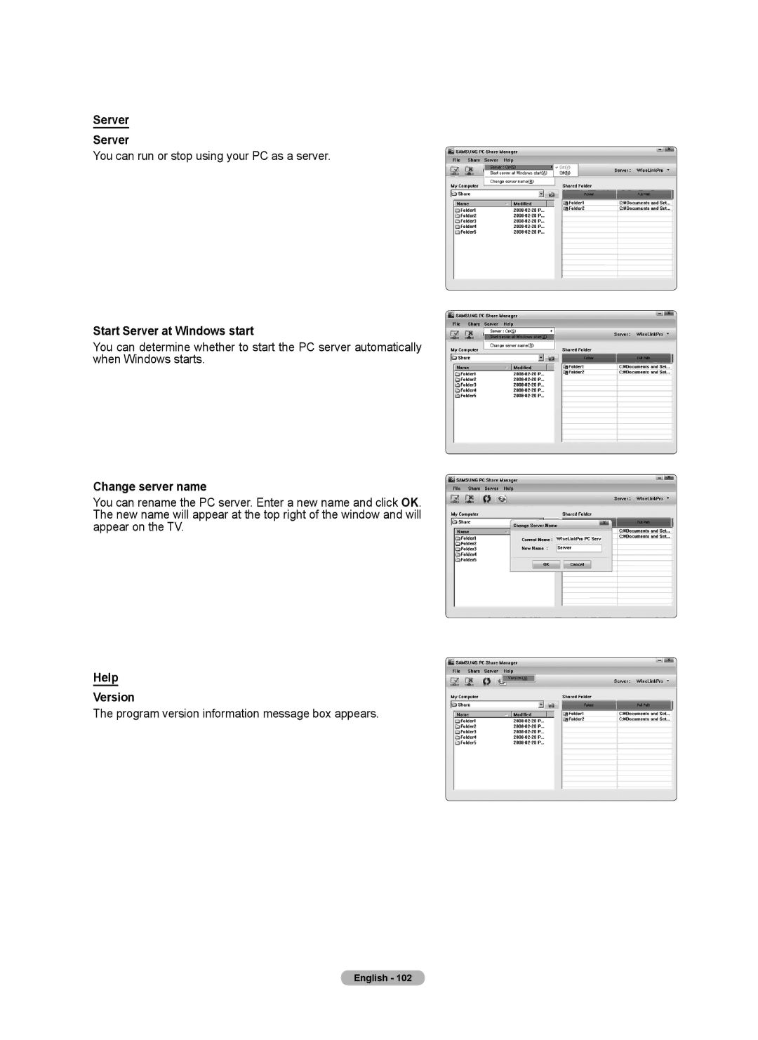 Samsung 760 Series user manual Start Server at Windows start, Change server name, Help Version 