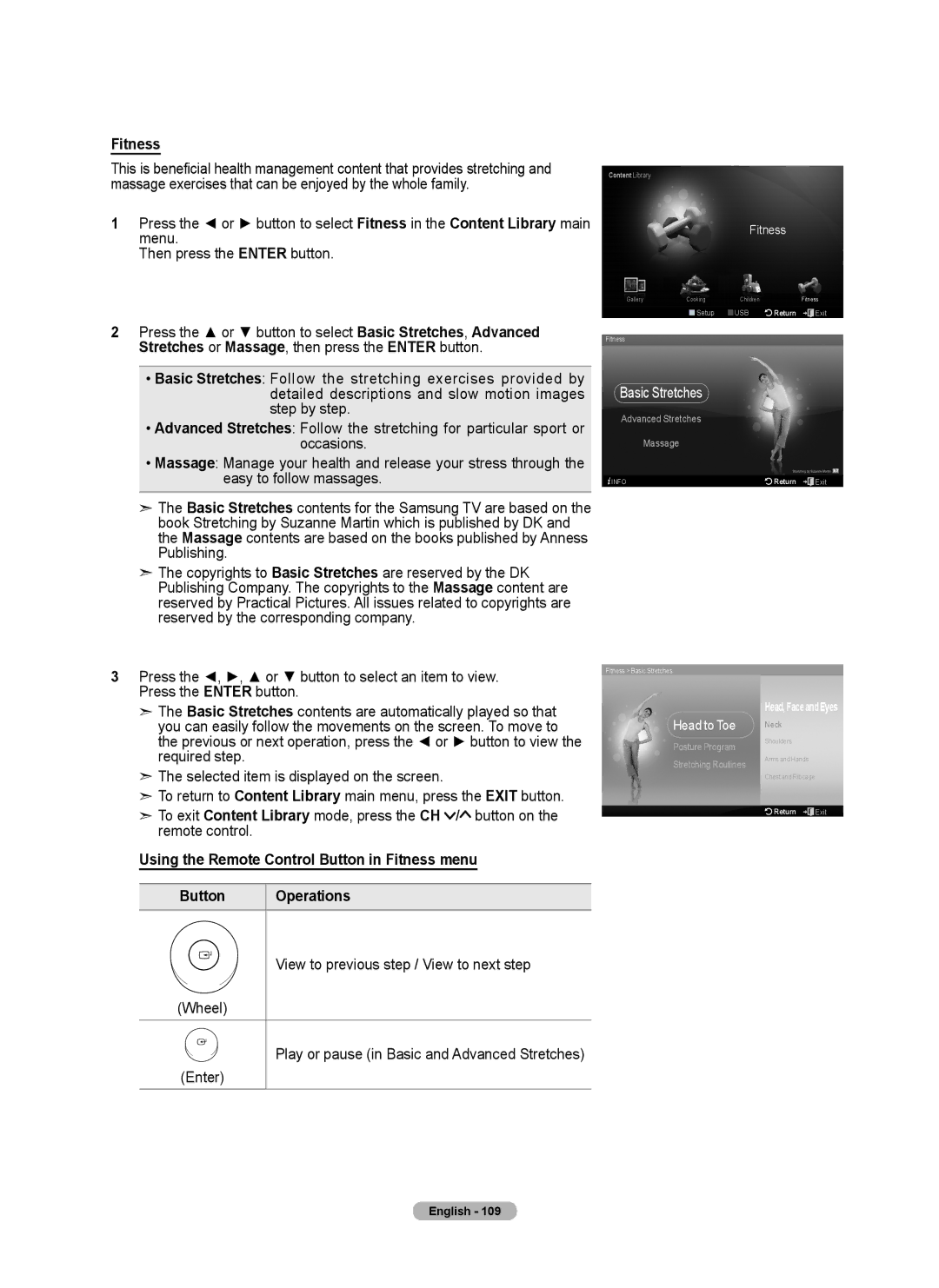 Samsung 760 Series user manual Using the Remote Control Button in Fitness menu, Operations 