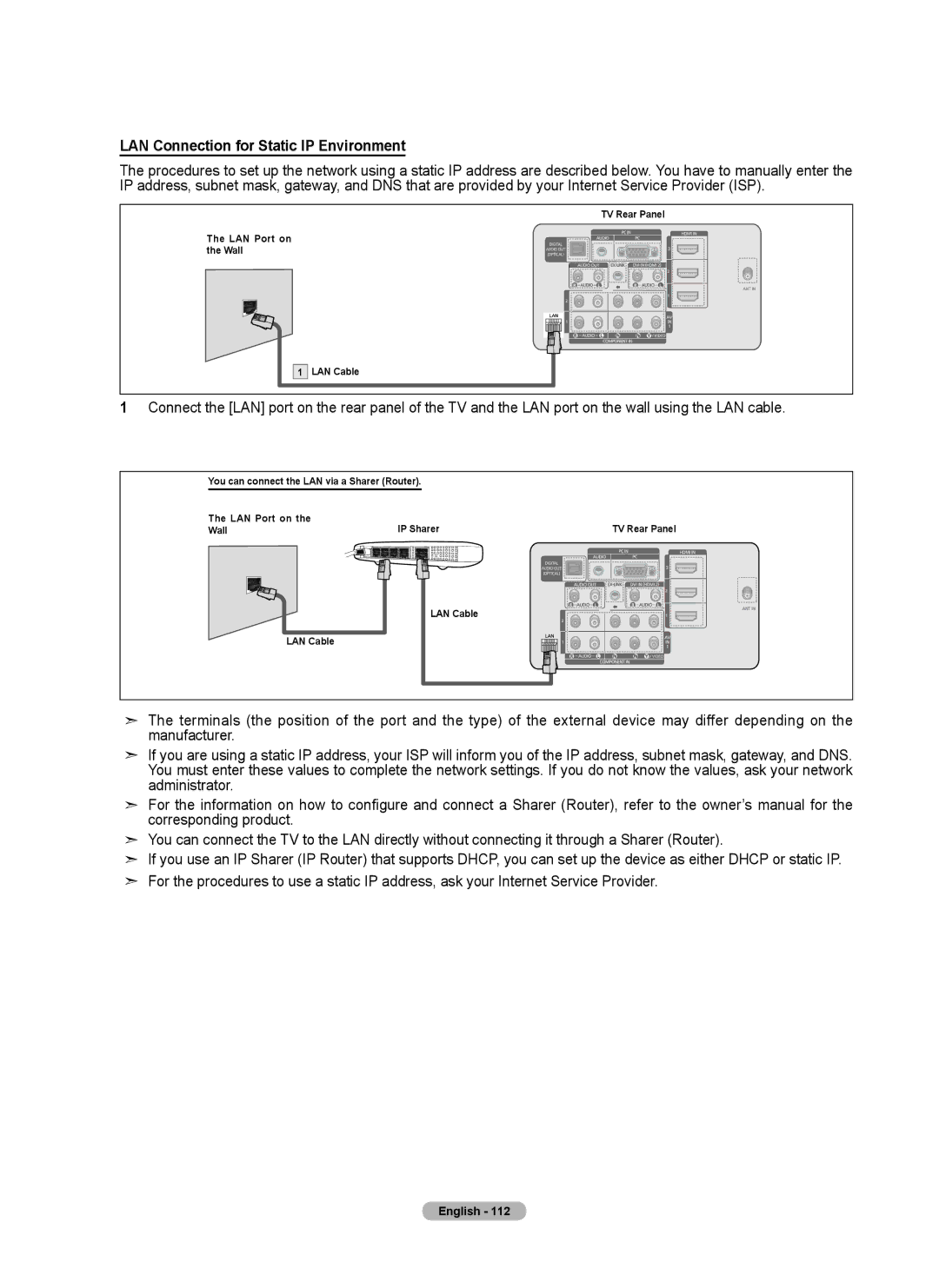 Samsung 760 Series user manual LAN Connection for Static IP Environment 