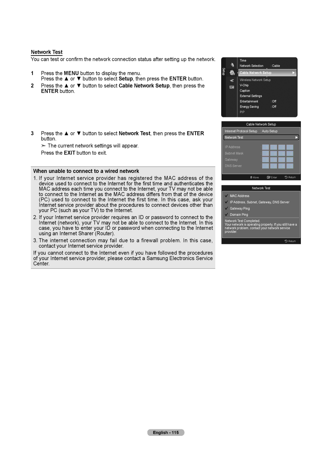 Samsung 760 Series Network Test, When unable to connect to a wired network, Cable Network Setup Internet Protocol Setup 