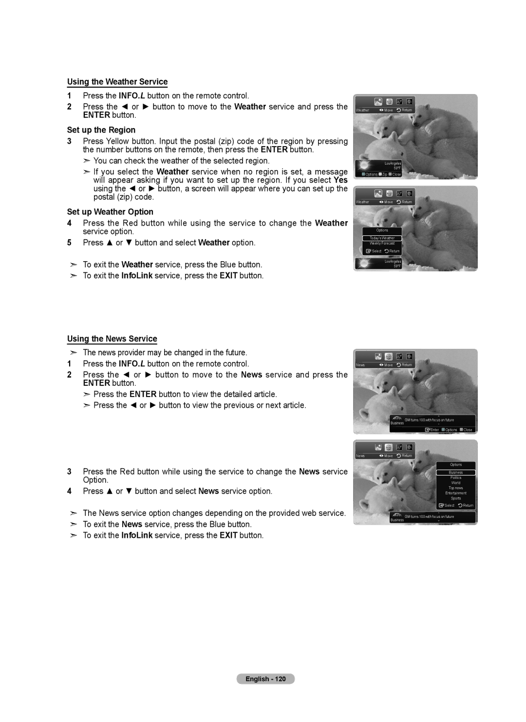 Samsung 760 Series user manual Using the Weather Service, Set up the Region, Set up Weather Option, Using the News Service 