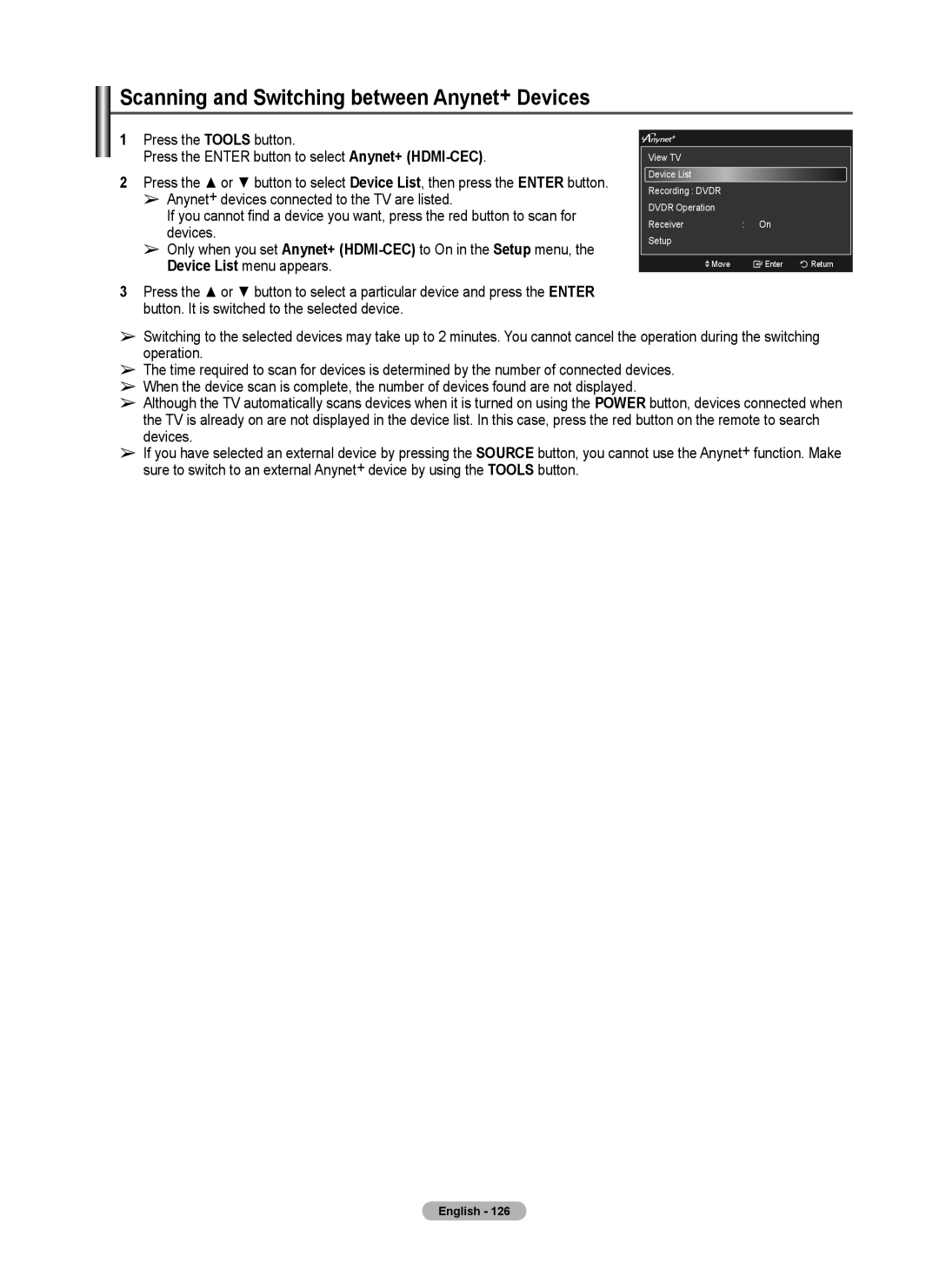 Samsung 760 Series user manual Scanning and Switching between Anynet+ Devices 