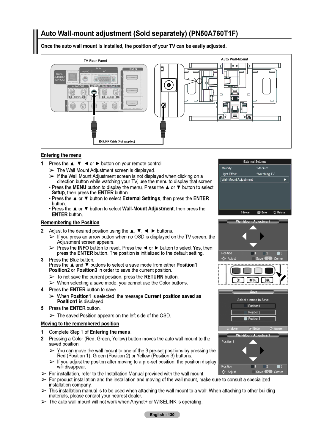 Samsung 760 Series Auto Wall-mount adjustment Sold separately PN50A0T1F, Entering the menu, Remembering the Position 