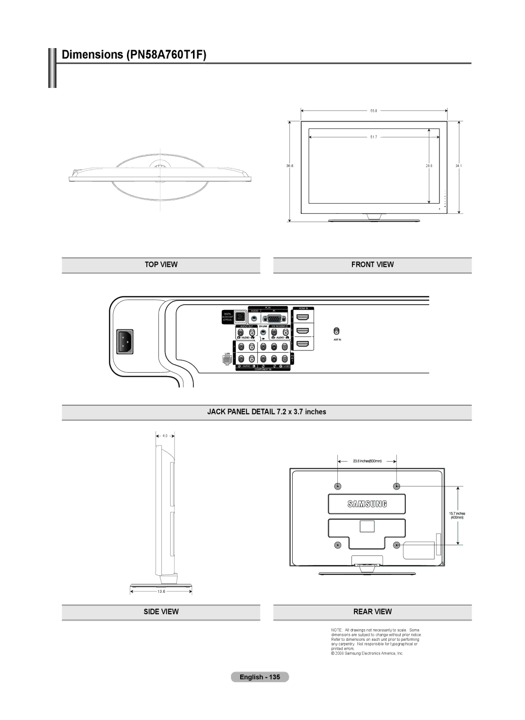 Samsung 760 Series user manual Dimensions PN58A760T1F 