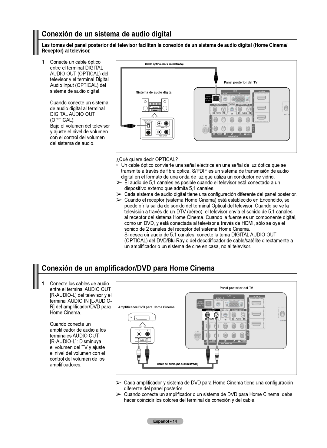 Samsung 760 Series user manual Conexión de un sistema de audio digital, Conexión de un amplificador/DVD para Home Cinema 