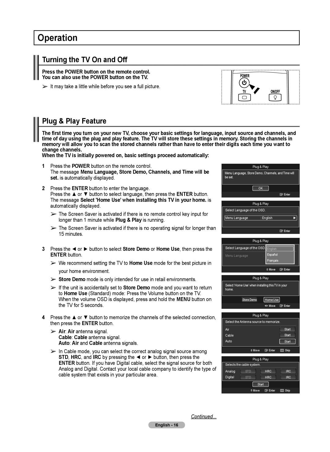 Samsung 760 Series user manual Operation, Turning the TV On and Off, Plug & Play Feature 