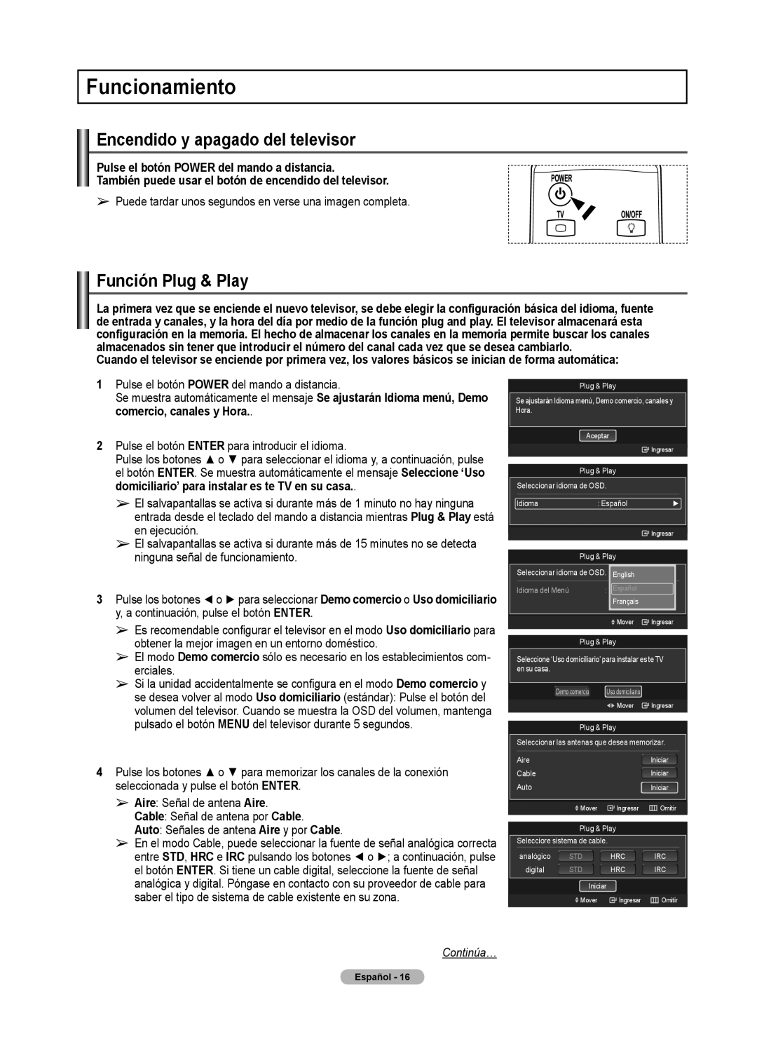 Samsung 760 Series user manual Funcionamiento, Encendido y apagado del televisor, Función Plug & Play 