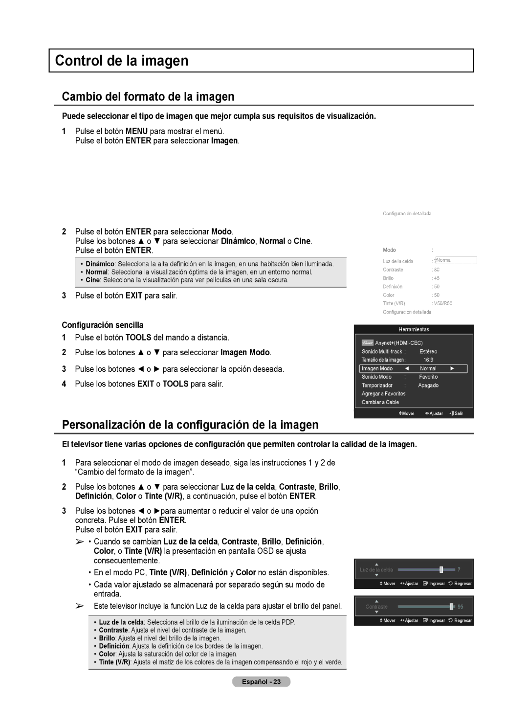 Samsung 760 Series Control de la imagen, Cambio del formato de la imagen, Personalización de la configuración de la imagen 