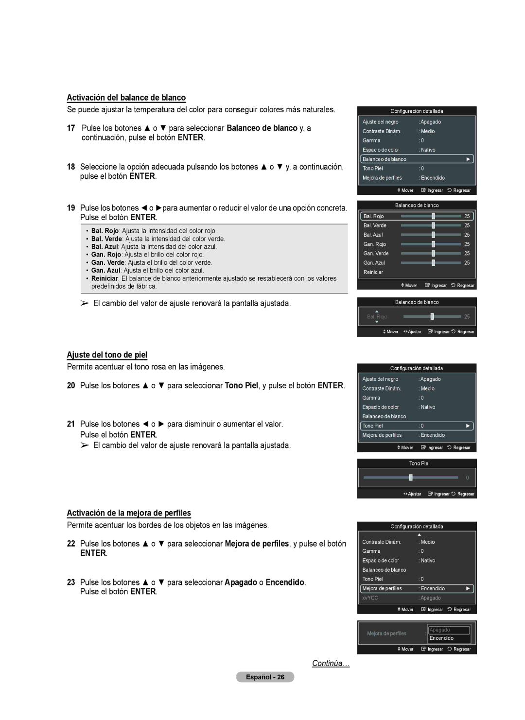 Samsung 760 Series Activación del balance de blanco, Ajuste del tono de piel, Activación de la mejora de perfiles 