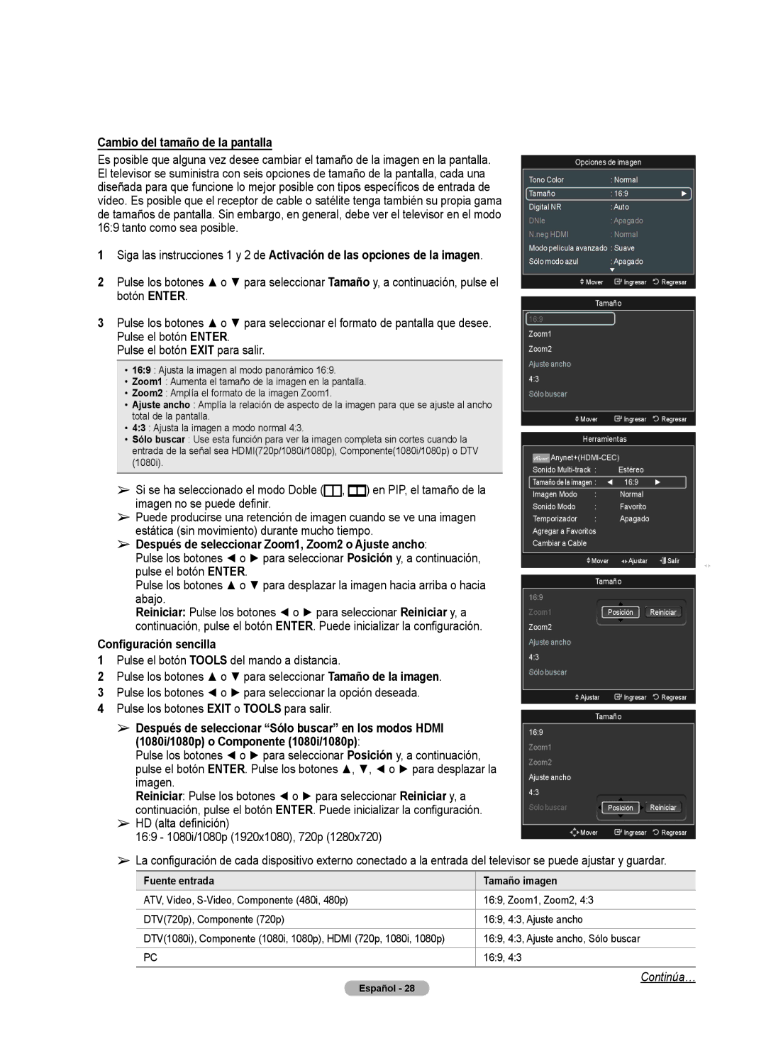 Samsung 760 Series user manual Cambio del tamaño de la pantalla, Pulse el botón Enter Pulse el botón Exit para salir 