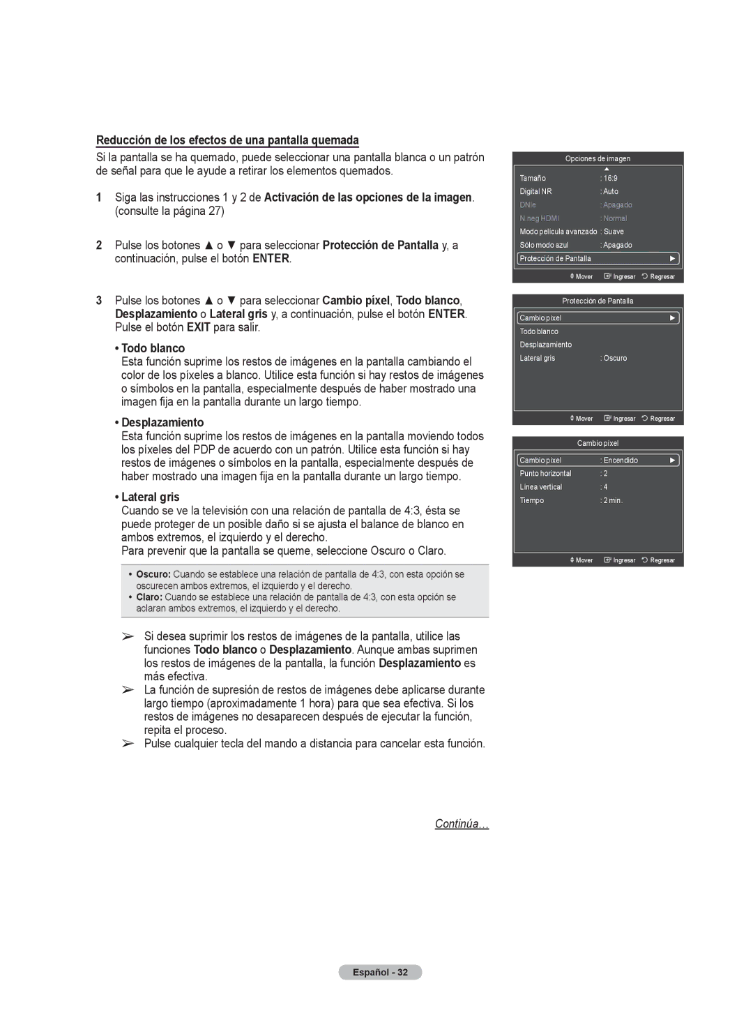 Samsung 760 Series user manual Reducción de los efectos de una pantalla quemada, Todo blanco, Desplazamiento, Lateral gris 