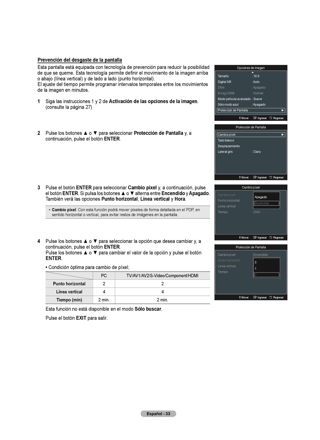 Samsung 760 Series user manual Prevención del desgaste de la pantalla, Condición óptima para cambio de píxel 