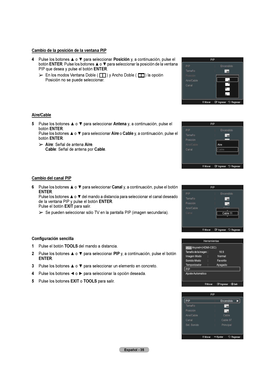 Samsung 760 Series user manual Cambio de la posición de la ventana PIP, Aire/Cable, Cambio del canal PIP 