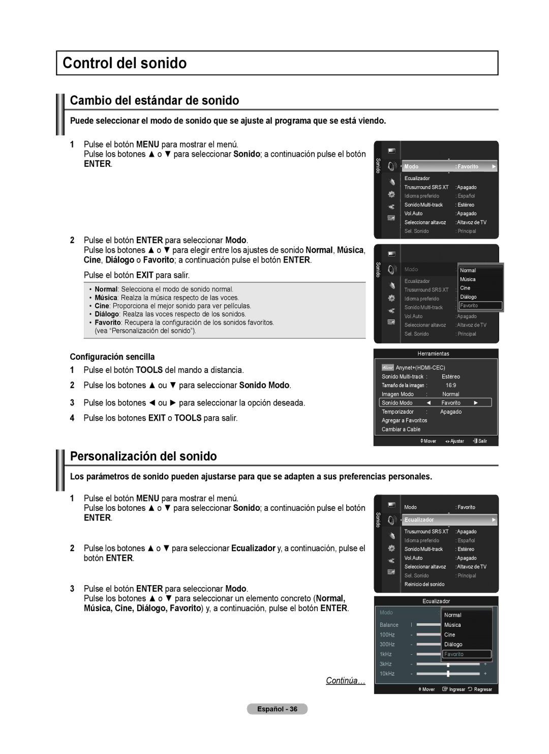 Samsung 760 Series user manual Control del sonido, Cambio del estándar de sonido, Personalización del sonido, Modo Favorito 