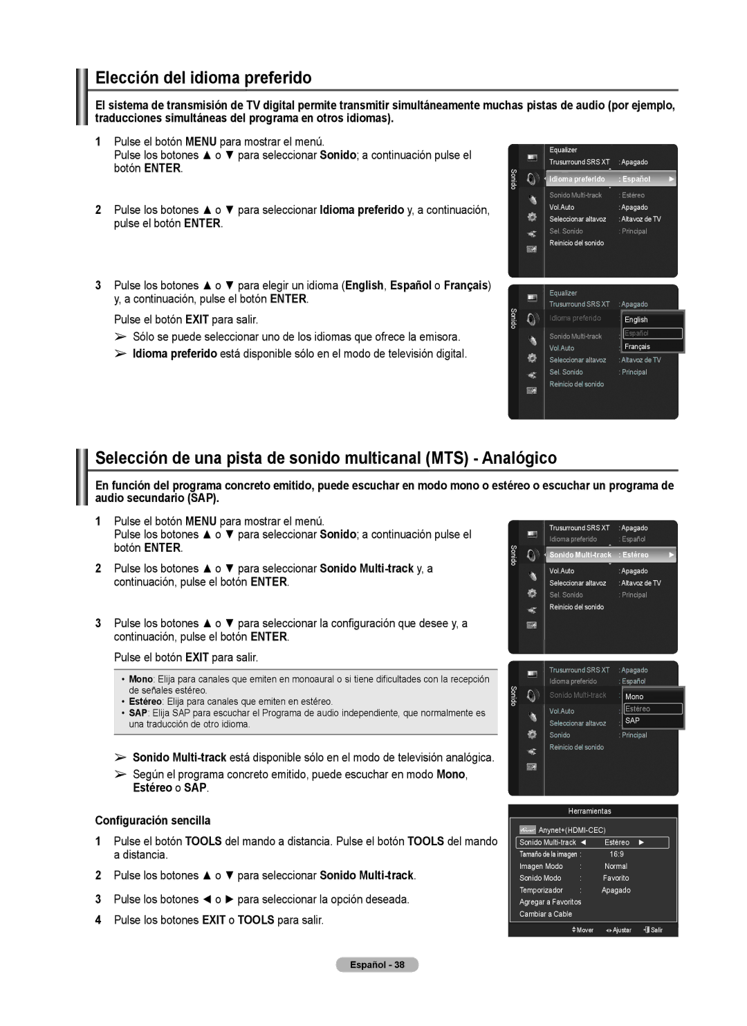 Samsung 760 Series user manual Elección del idioma preferido, Selección de una pista de sonido multicanal MTS Analógico 