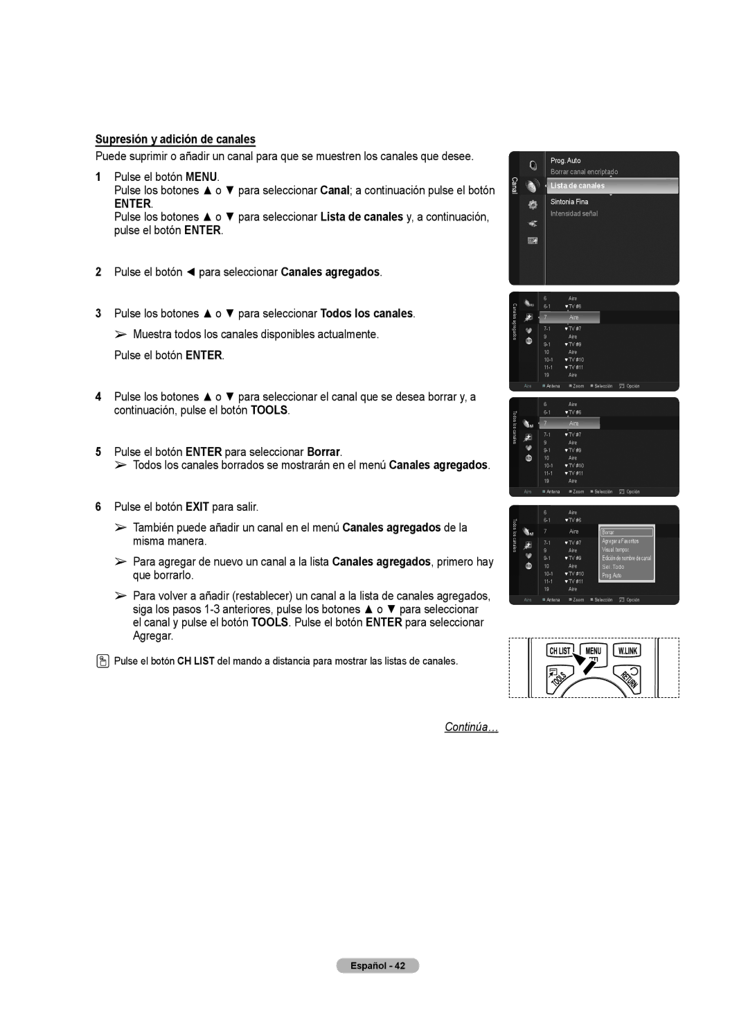 Samsung 760 Series user manual Supresión y adición de canales, Pulse el botón Menu 