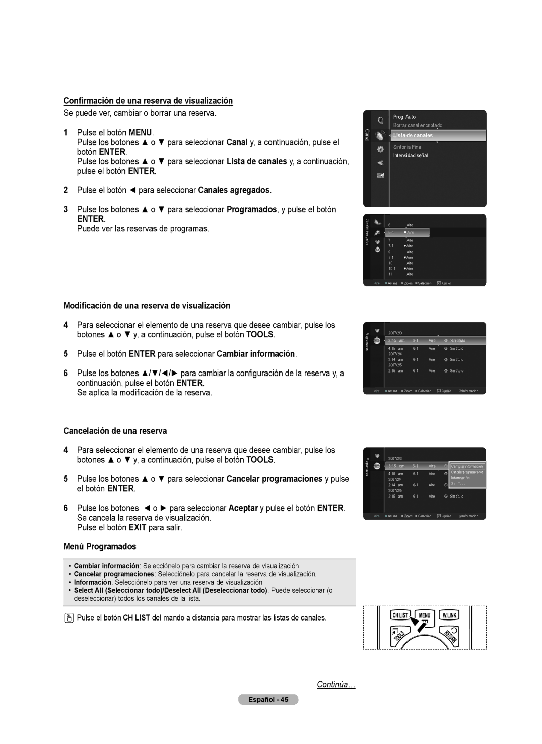 Samsung 760 Series Confirmación de una reserva de visualización, Puede ver las reservas de programas, Menú Programados 