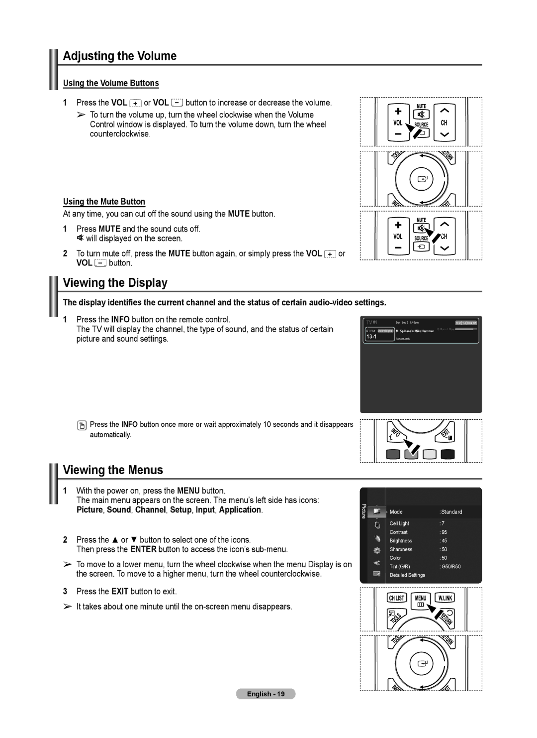 Samsung 760 Series user manual Adjusting the Volume, Viewing the Display, Viewing the Menus, Using the Volume Buttons 