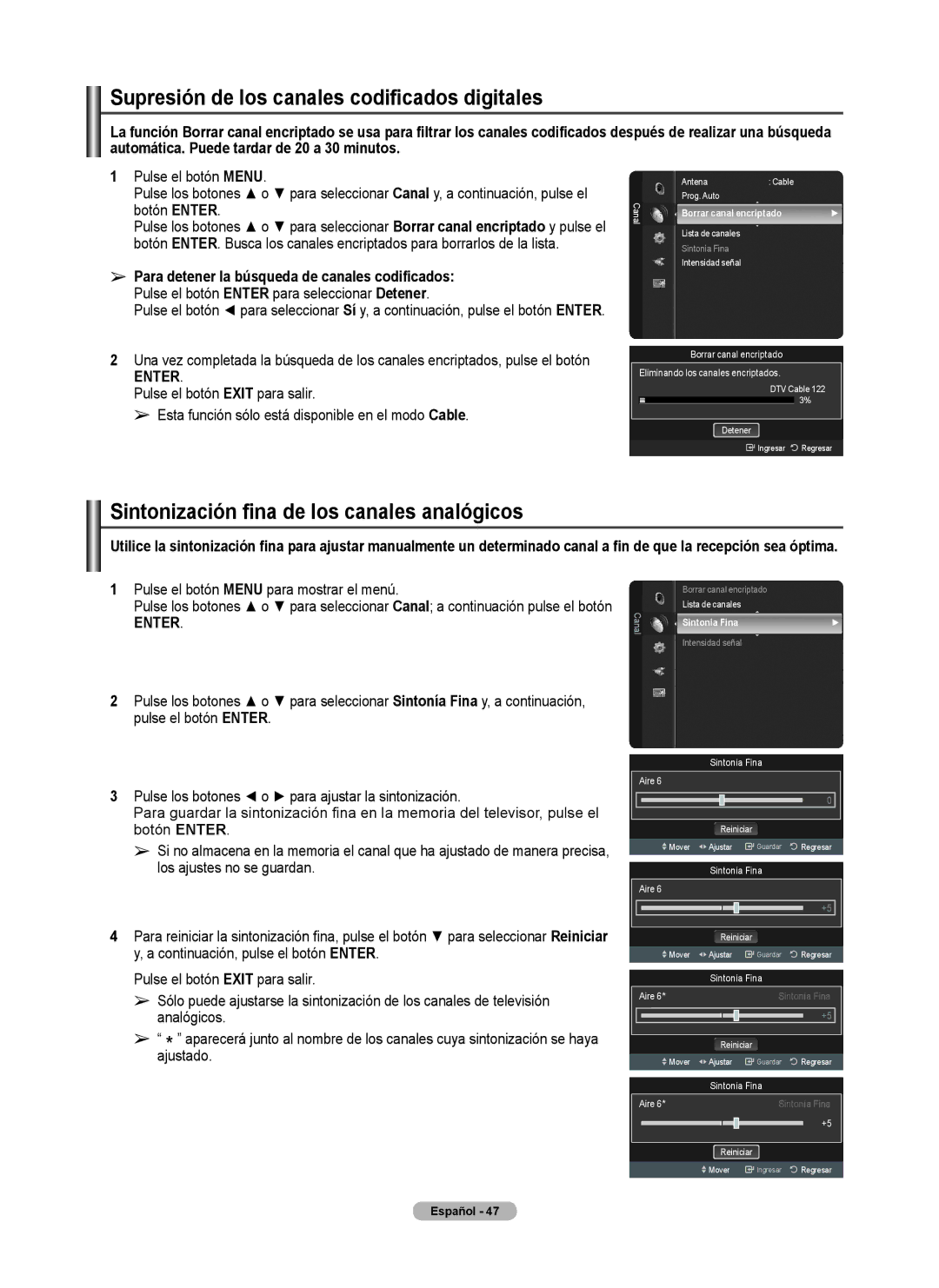 Samsung 760 Series user manual Supresión de los canales codificados digitales, Sintonización fina de los canales analógicos 