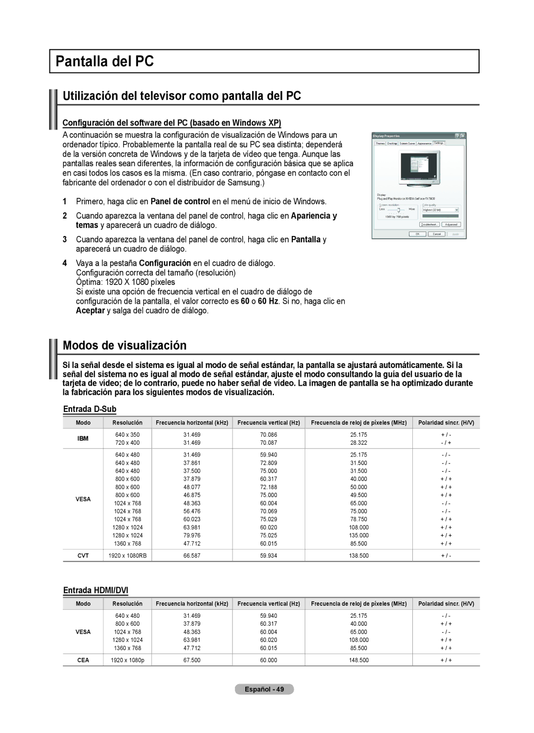 Samsung 760 Series user manual Pantalla del PC, Utilización del televisor como pantalla del PC, Modos de visualización 