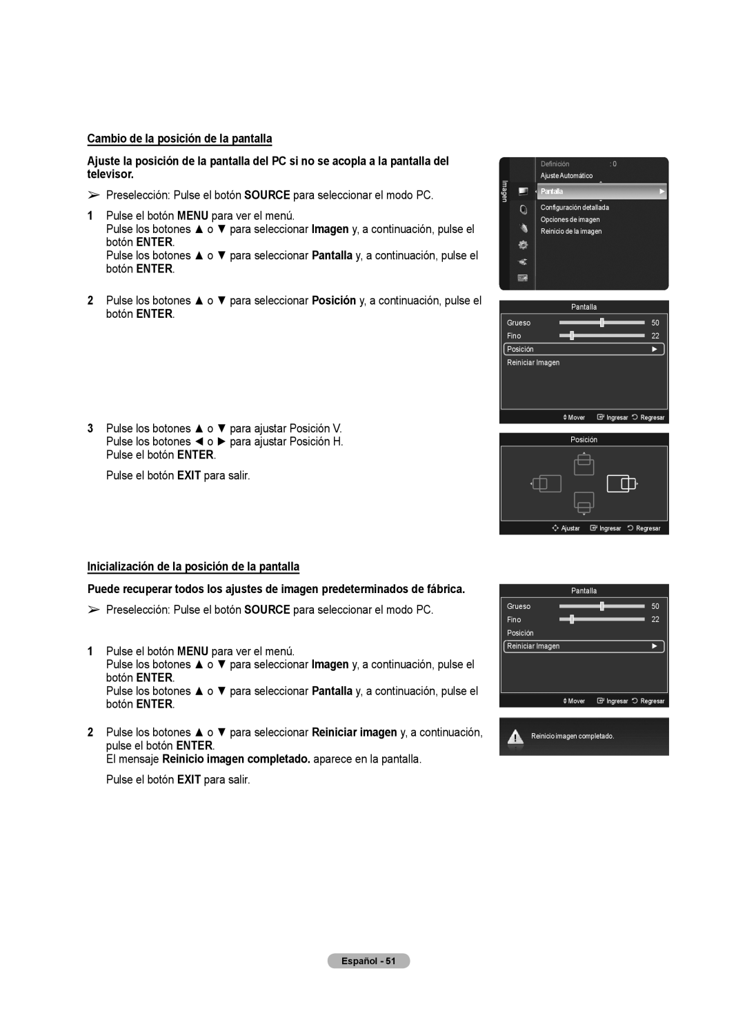 Samsung 760 Series Pulse el botón Enter Pulse el botón Exit para salir, Pantalla Grueso Fino Posición Reiniciar Imagen 