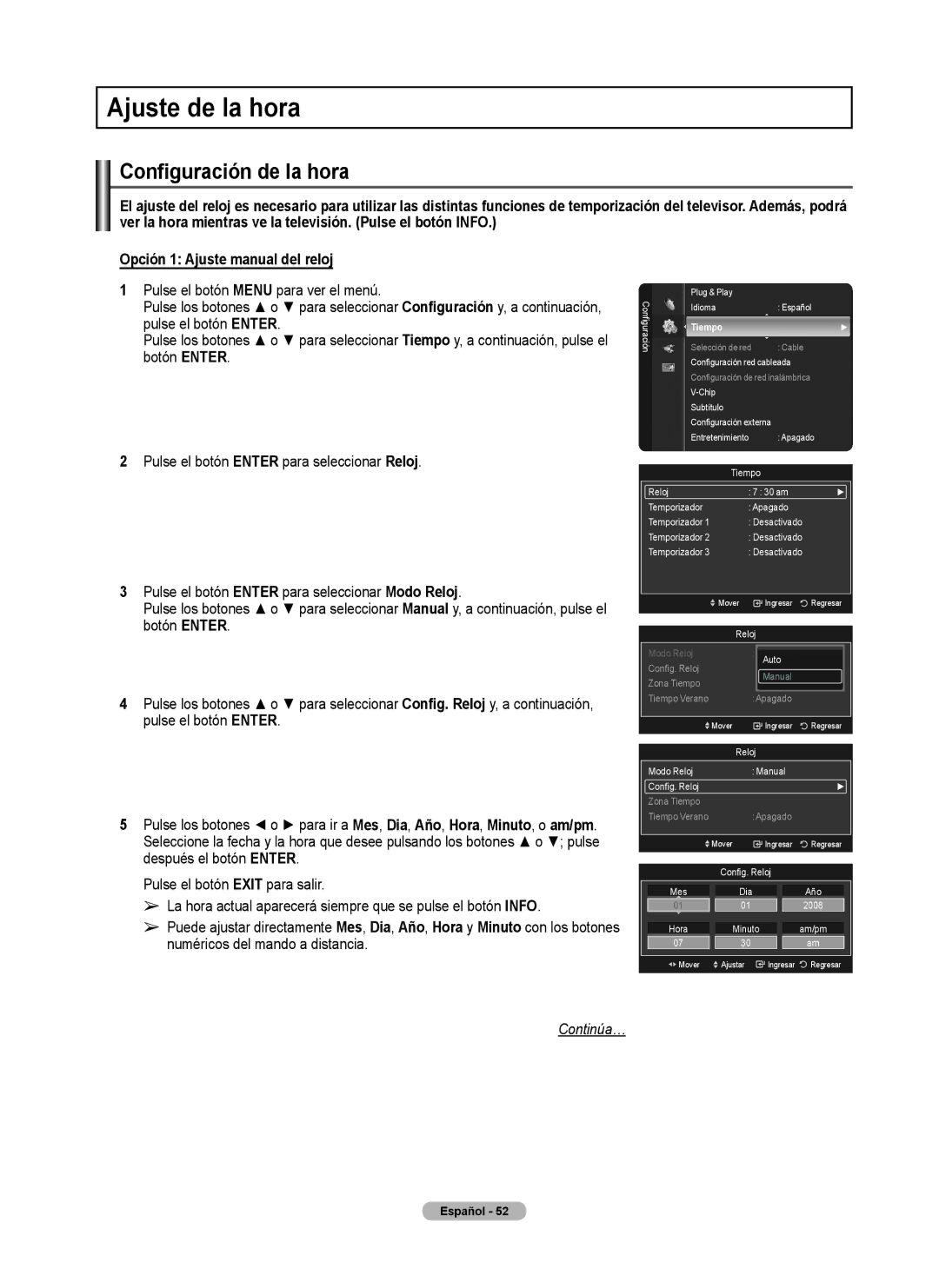 Samsung 760 Series user manual Ajuste de la hora, Configuración de la hora, Tiempo, Reloj Modo Reloj Manual Config. Reloj 