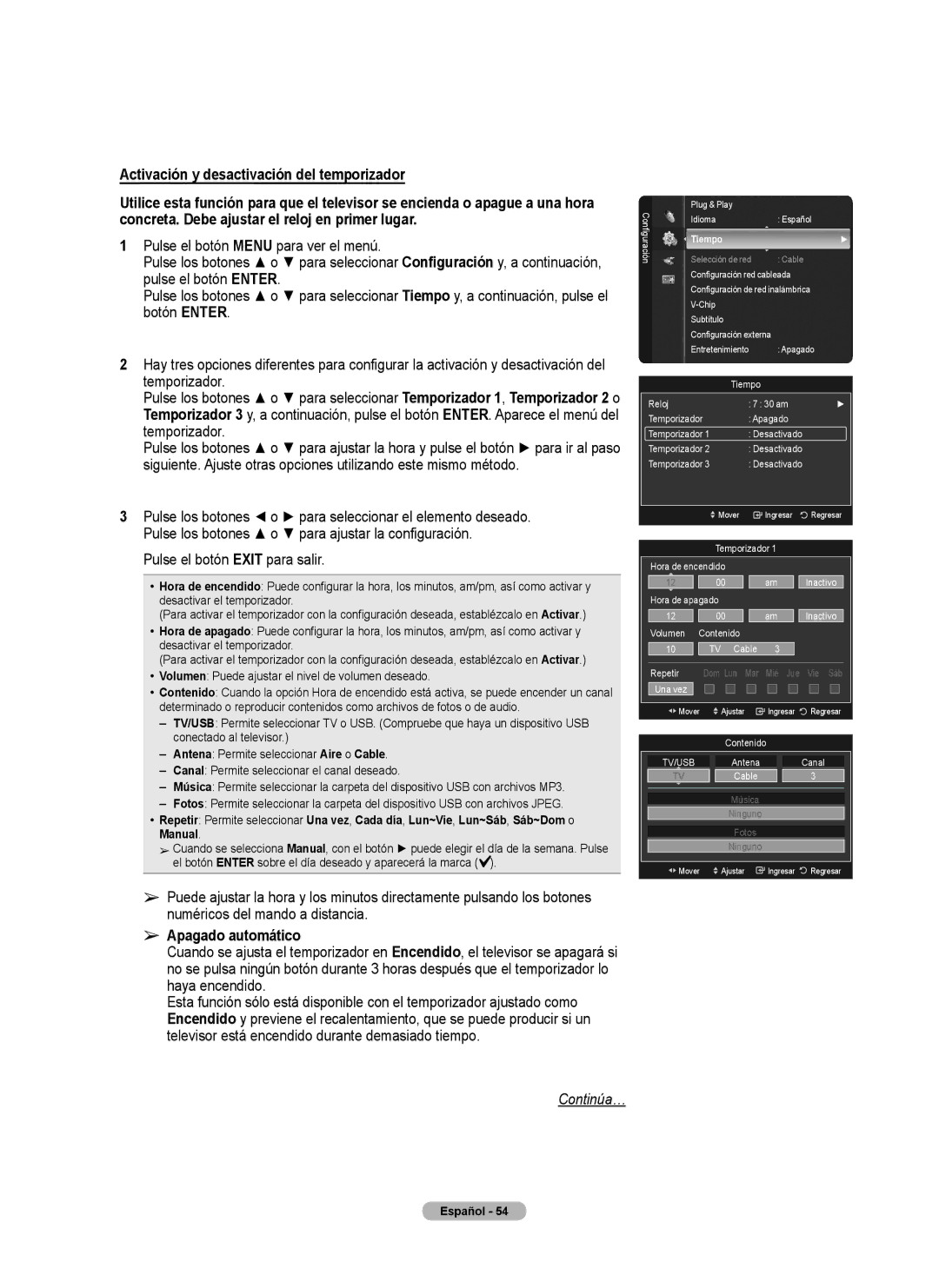 Samsung 760 Series user manual Apagado automático, Cable Repetir, Una vez, Antena 