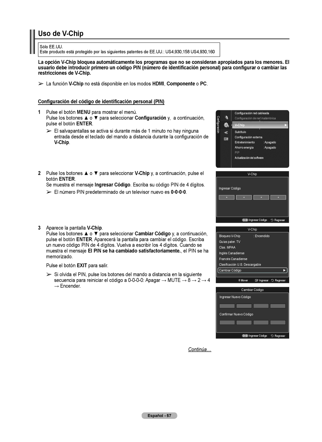 Samsung 760 Series Uso de V-Chip, Configuración del código de identificación personal PIN, Clas. Mpaa Inglés Canadiense 