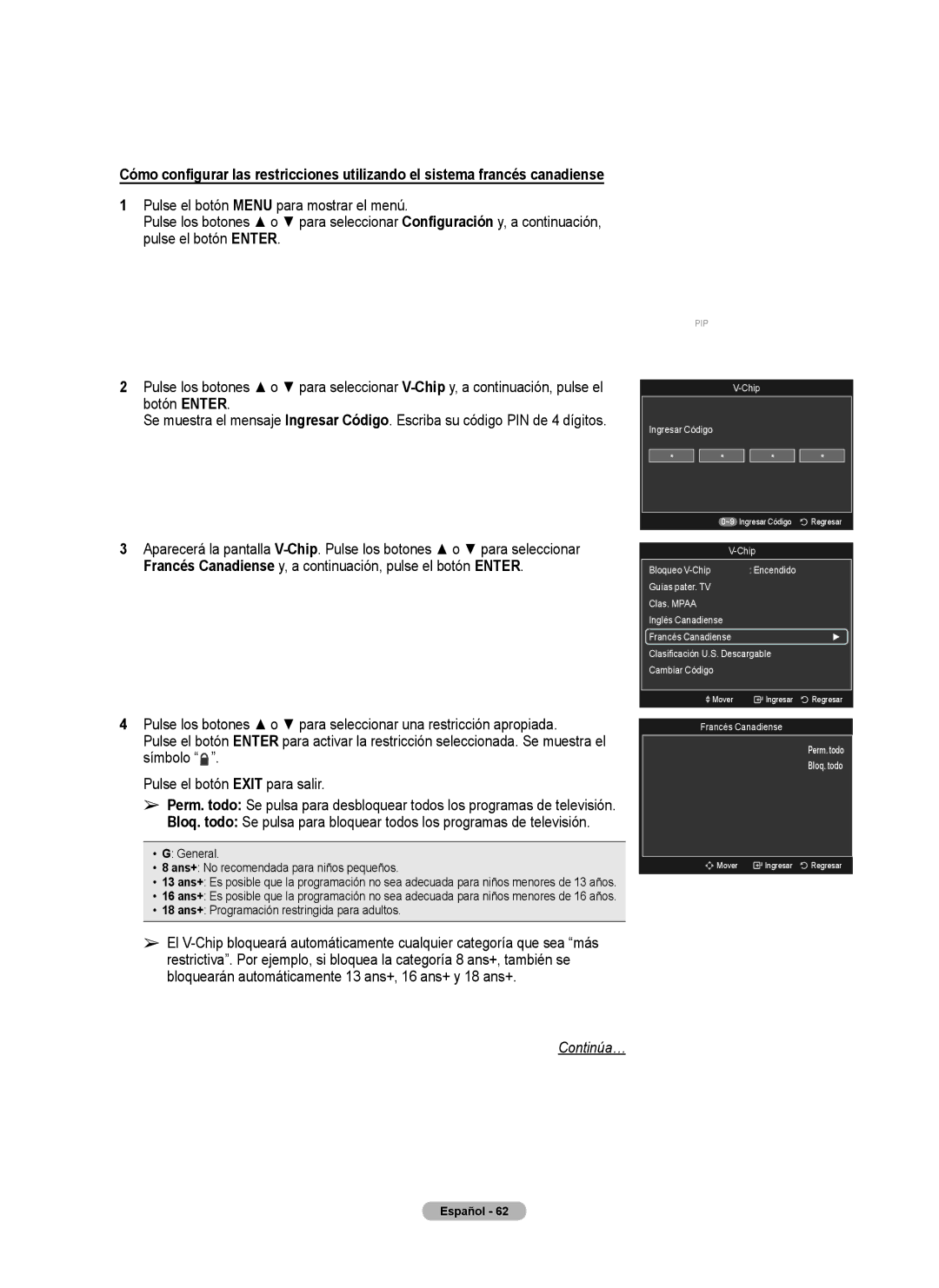 Samsung 760 Series user manual Chip Bloqueo V-Chip, Francés Canadiense Perm. todo Bloq. todo 