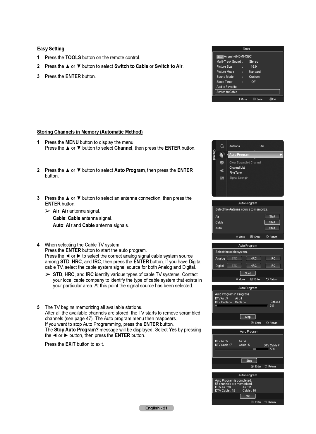 Samsung 760 Series Easy Setting, Storing Channels in Memory Automatic Method, TV begins memorizing all available stations 