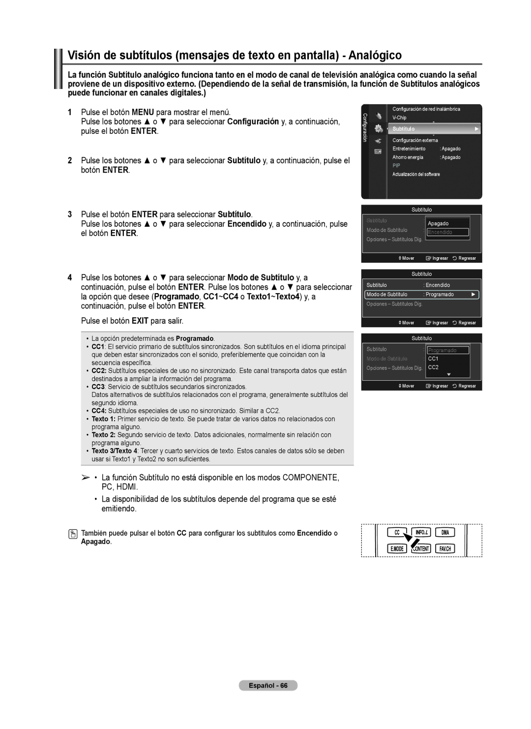 Samsung 760 Series user manual Visión de subtítulos mensajes de texto en pantalla Analógico, Apagado 