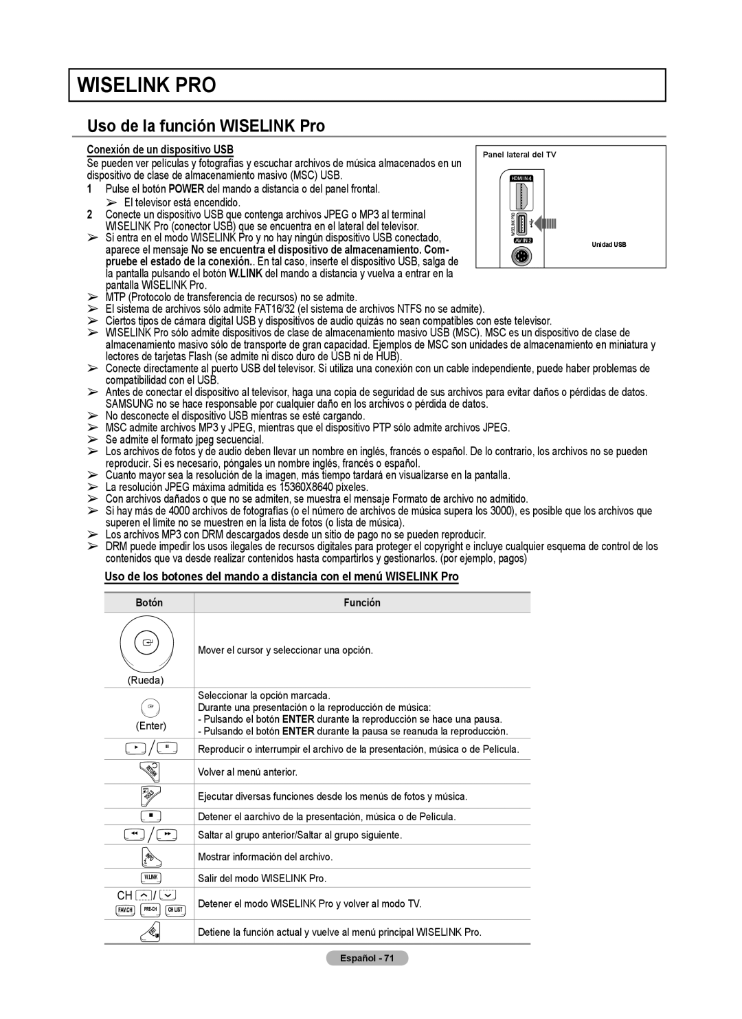 Samsung 760 Series user manual Uso de la función Wiselink Pro 