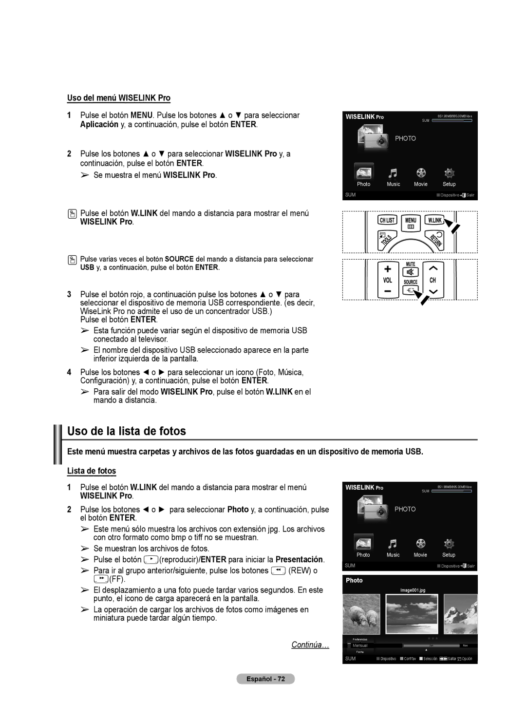 Samsung 760 Series user manual Uso de la lista de fotos, Uso del menú Wiselink Pro 