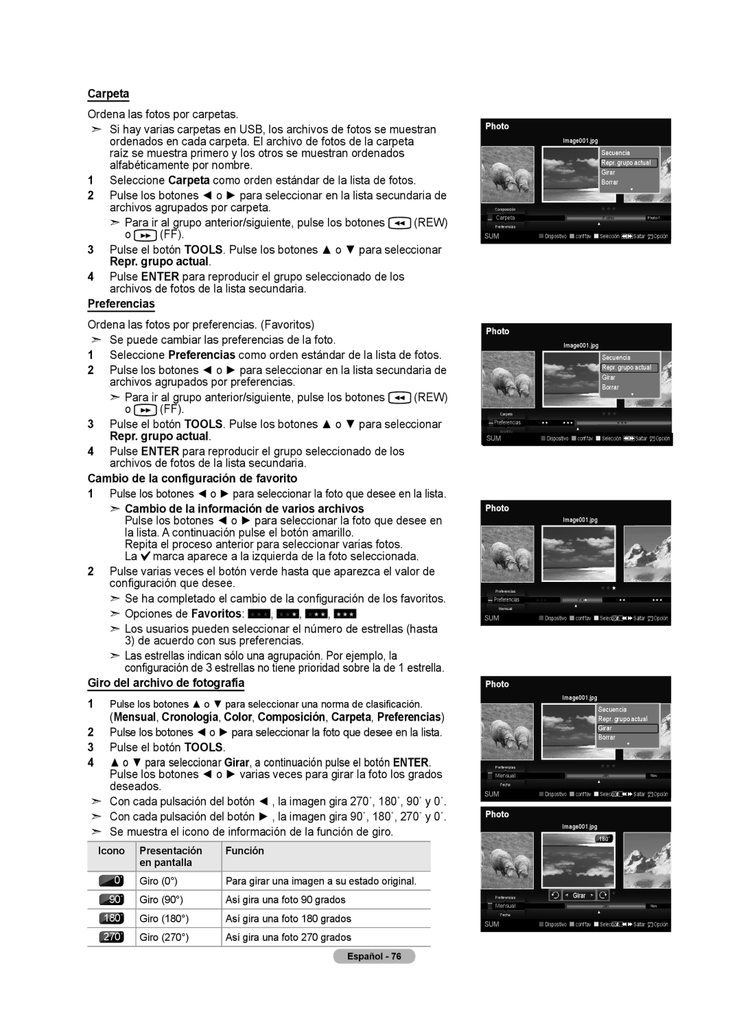 Samsung 760 Series user manual Carpeta, Repr. grupo actual, Preferencias, Cambio de la configuración de favorito 