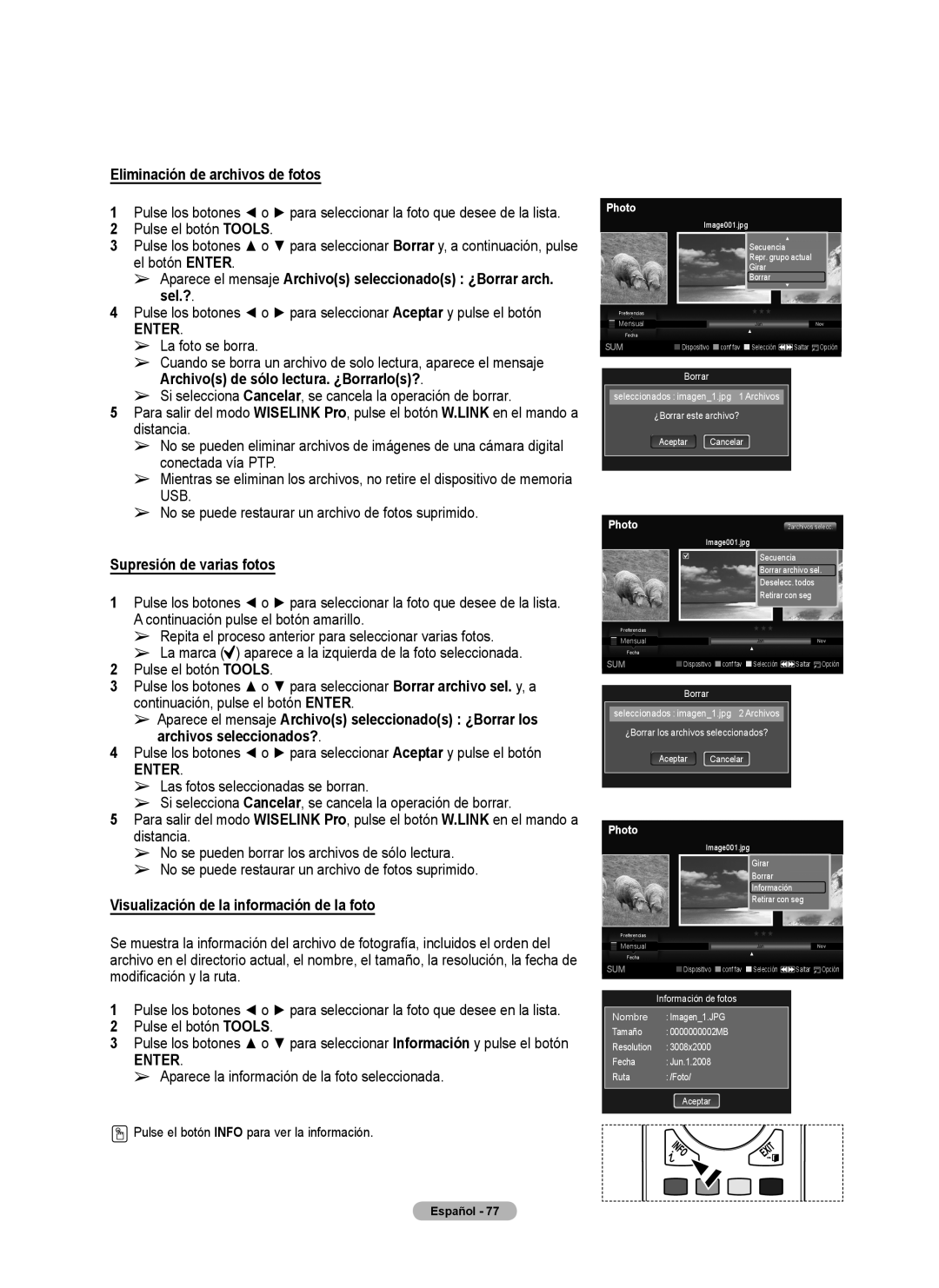 Samsung 760 Series user manual Eliminación de archivos de fotos, No se puede restaurar un archivo de fotos suprimido 