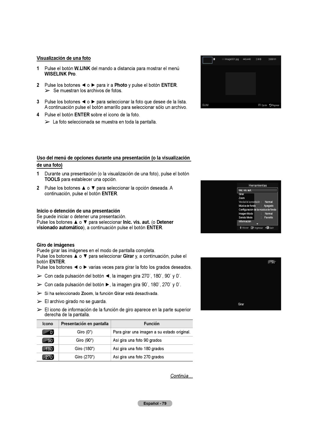 Samsung 760 Series user manual Giro de imágenes, Si ha seleccionado Zoom, la función Girar está desactivada 