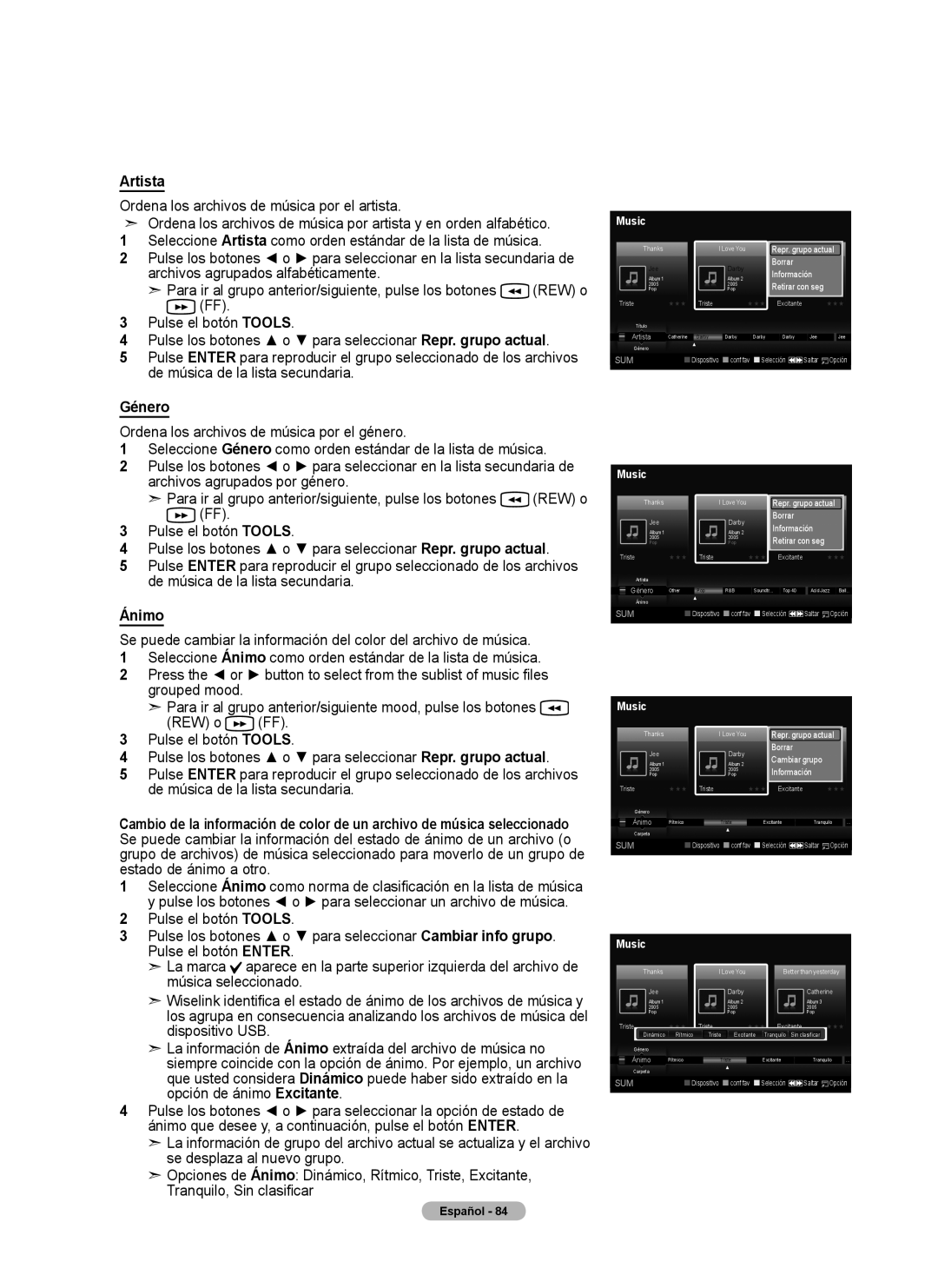 Samsung 760 Series user manual Artista, Género, Ánimo 