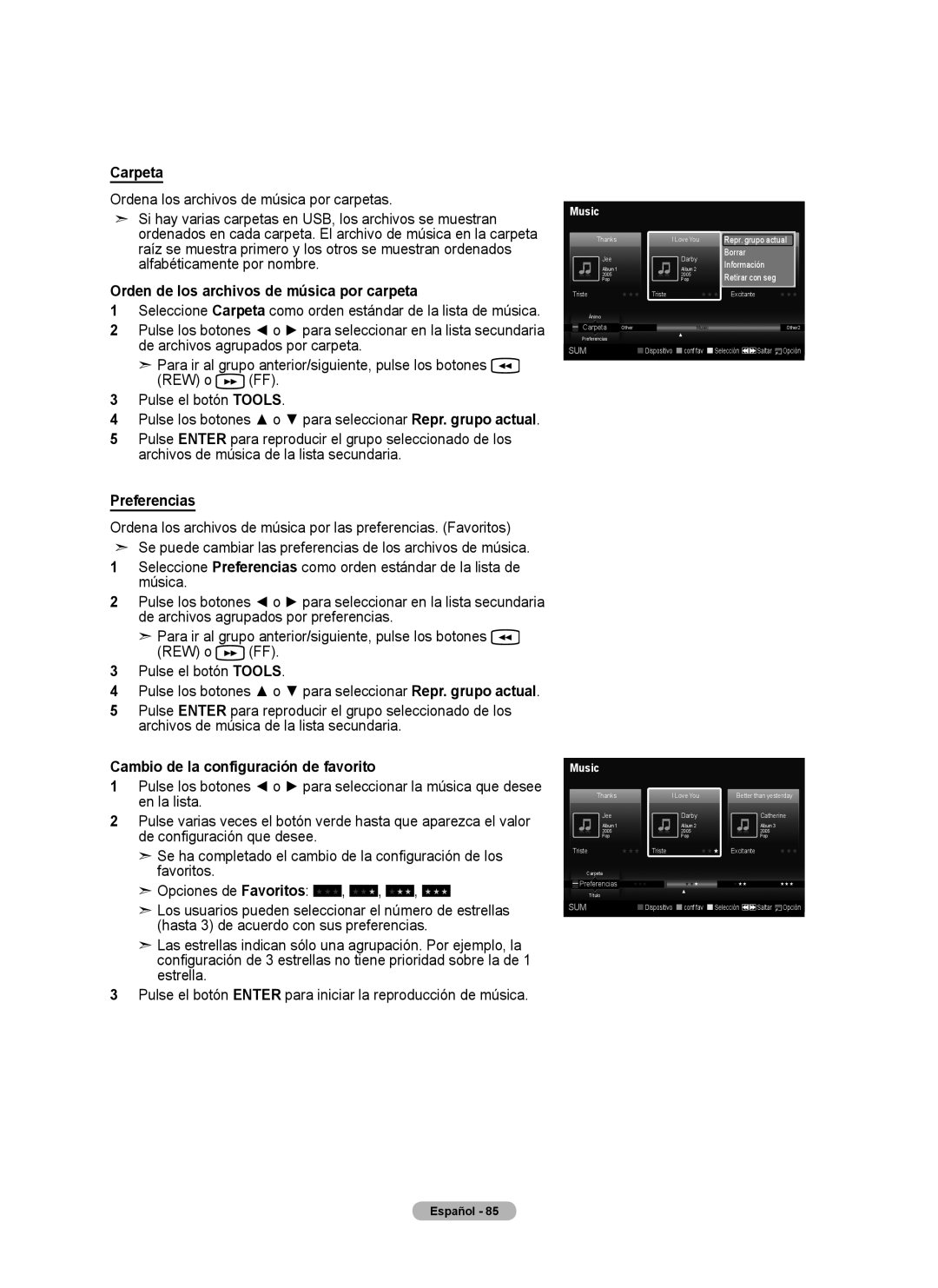 Samsung 760 Series Orden de los archivos de música por carpeta, Pulse los botones o para seleccionar Repr. grupo actual 