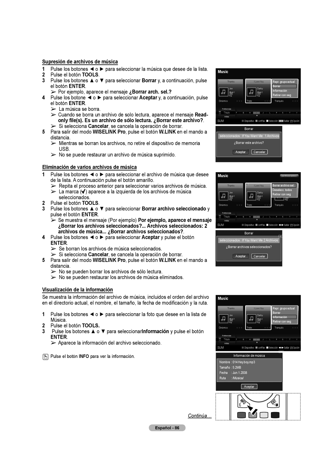 Samsung 760 Series user manual Supresión de archivos de música, No se puede restaurar un archivo de música suprimido 