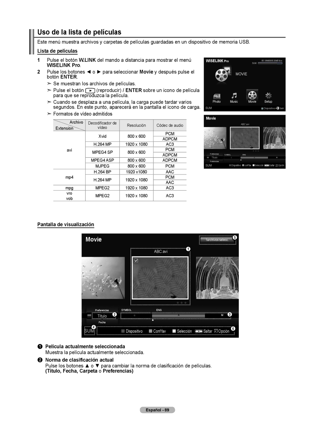 Samsung 760 Series user manual Uso de la lista de películas, Botón Enter, Película actualmente seleccionada 