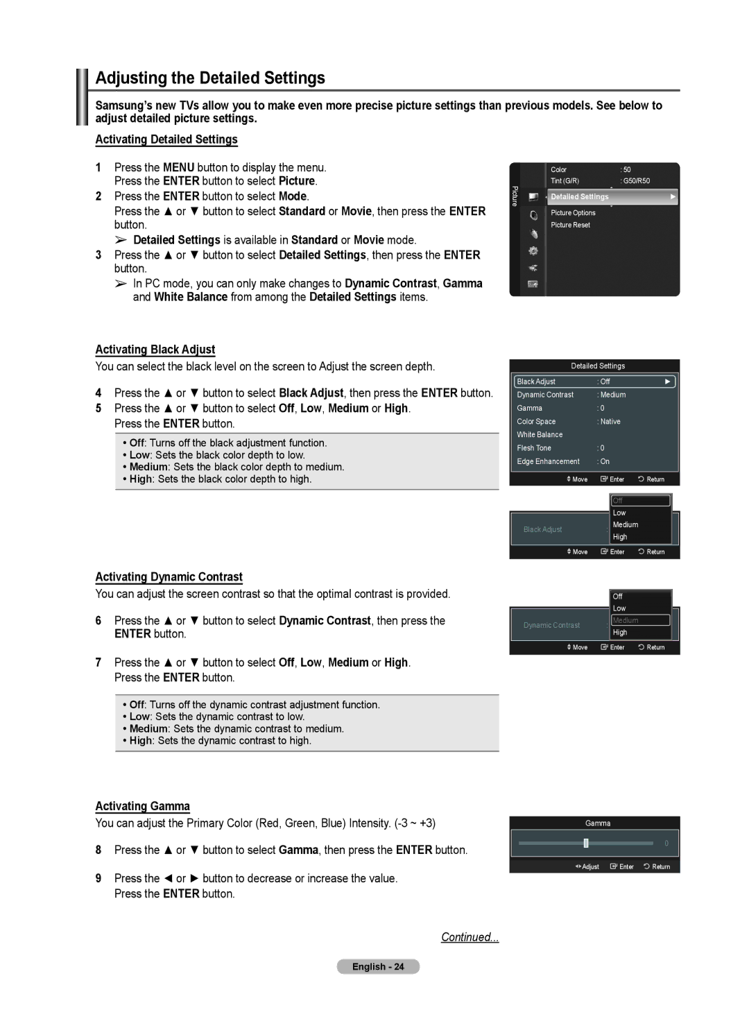 Samsung 760 Series user manual Adjusting the Detailed Settings, Detailed Settings is available in Standard or Movie mode 