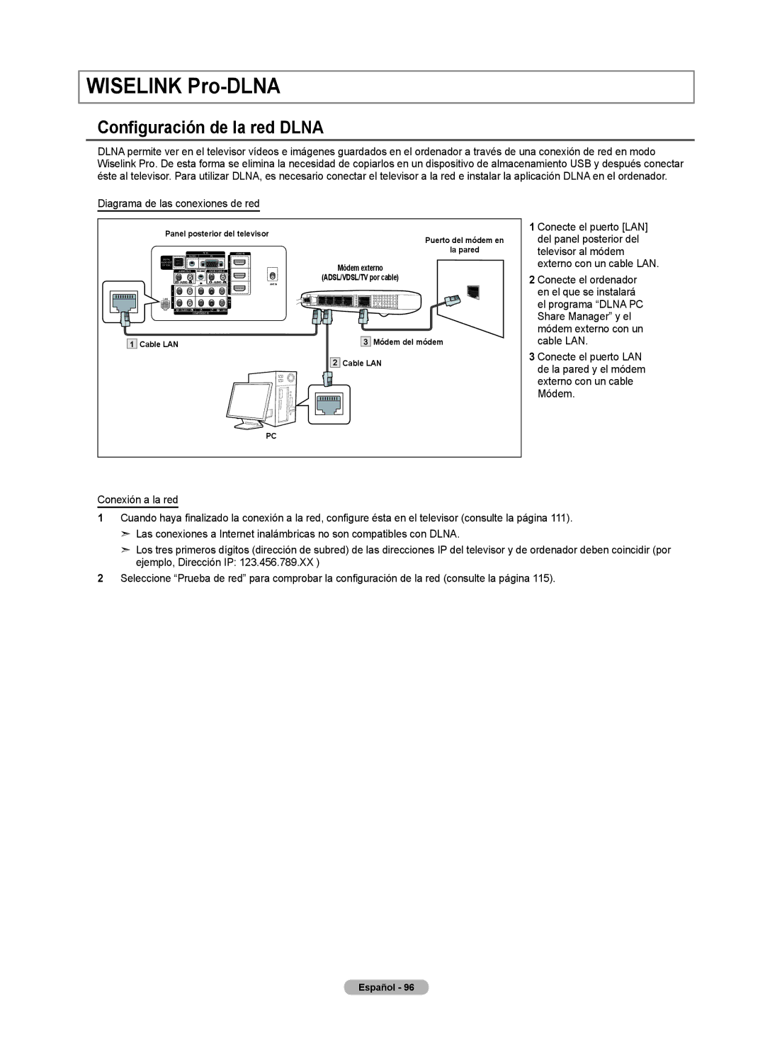 Samsung 760 Series user manual Configuración de la red Dlna, Diagrama de las conexiones de red, Conecte el puerto LAN 