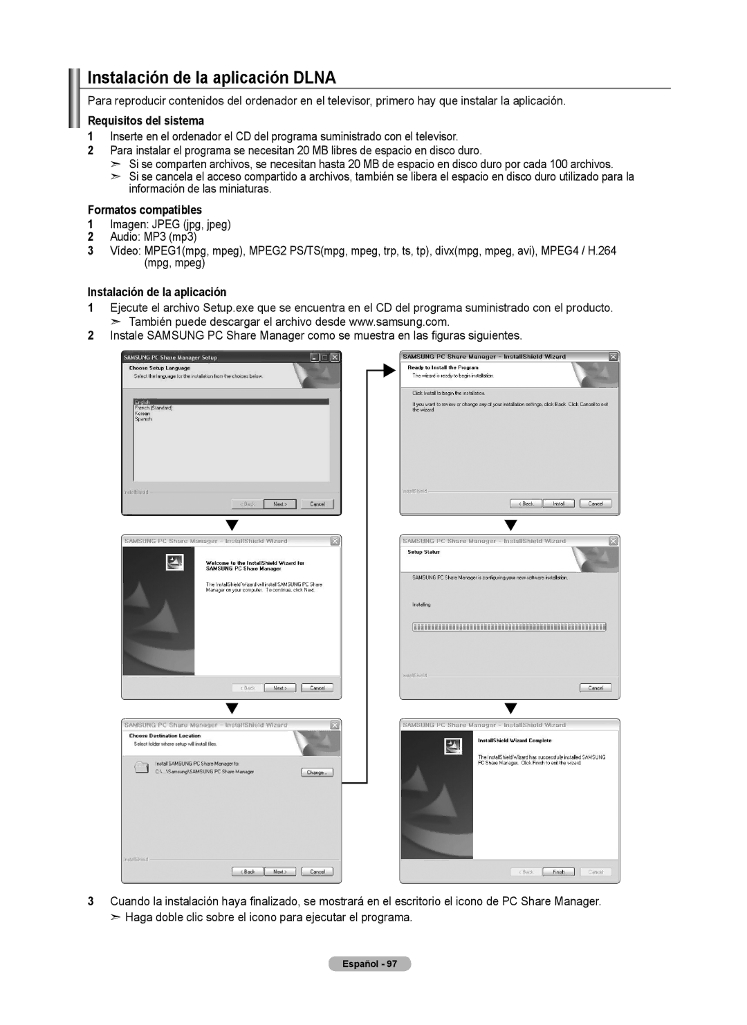 Samsung 760 Series user manual Instalación de la aplicación Dlna, Requisitos del sistema, Formatos compatibles 