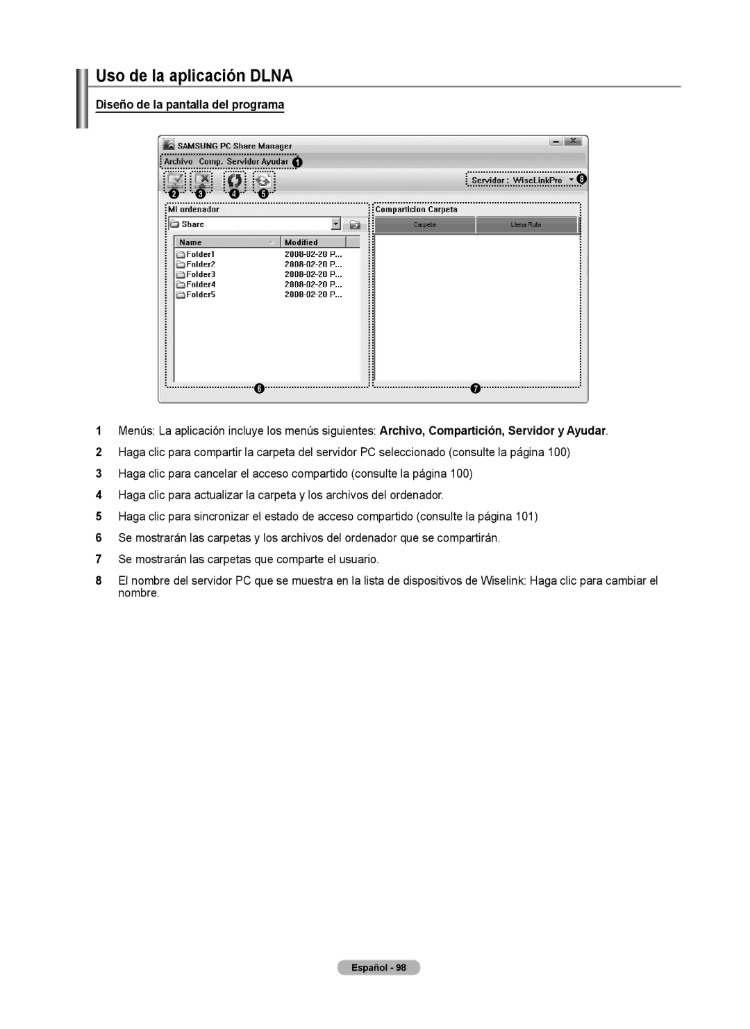 Samsung 760 Series user manual Uso de la aplicación Dlna, Diseño de la pantalla del programa 