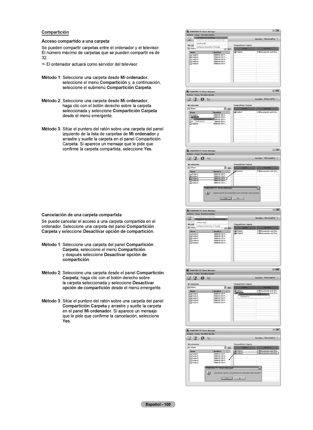 Samsung 760 Series user manual Compartición Acceso compartido a una carpeta, Cancelación de una carpeta compartida 