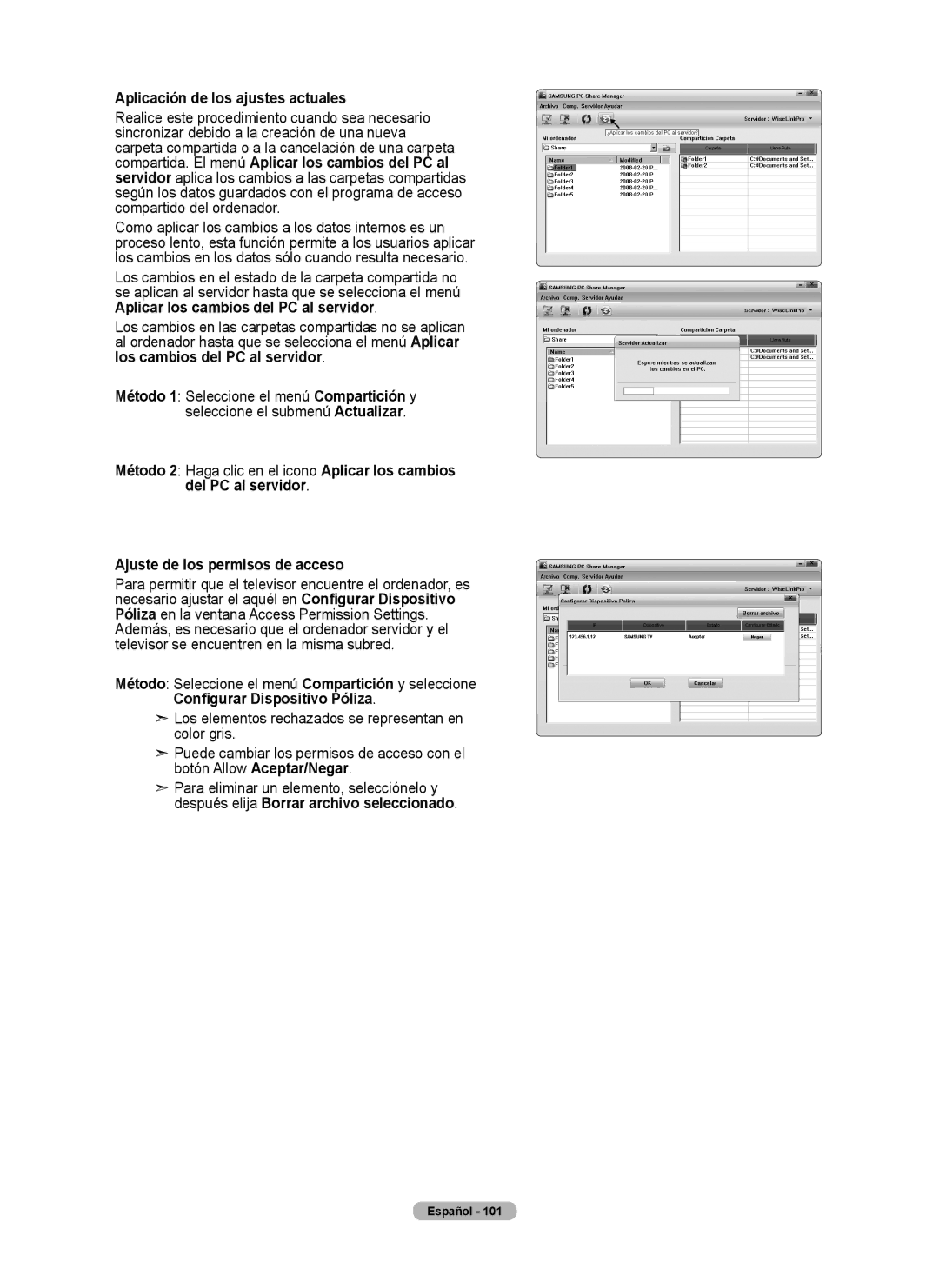 Samsung 760 Series user manual Aplicación de los ajustes actuales, Ajuste de los permisos de acceso 