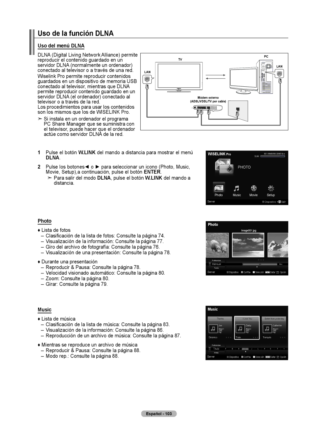 Samsung 760 Series user manual Uso de la función Dlna, Uso del menú Dlna, Si instala en un ordenador el programa 